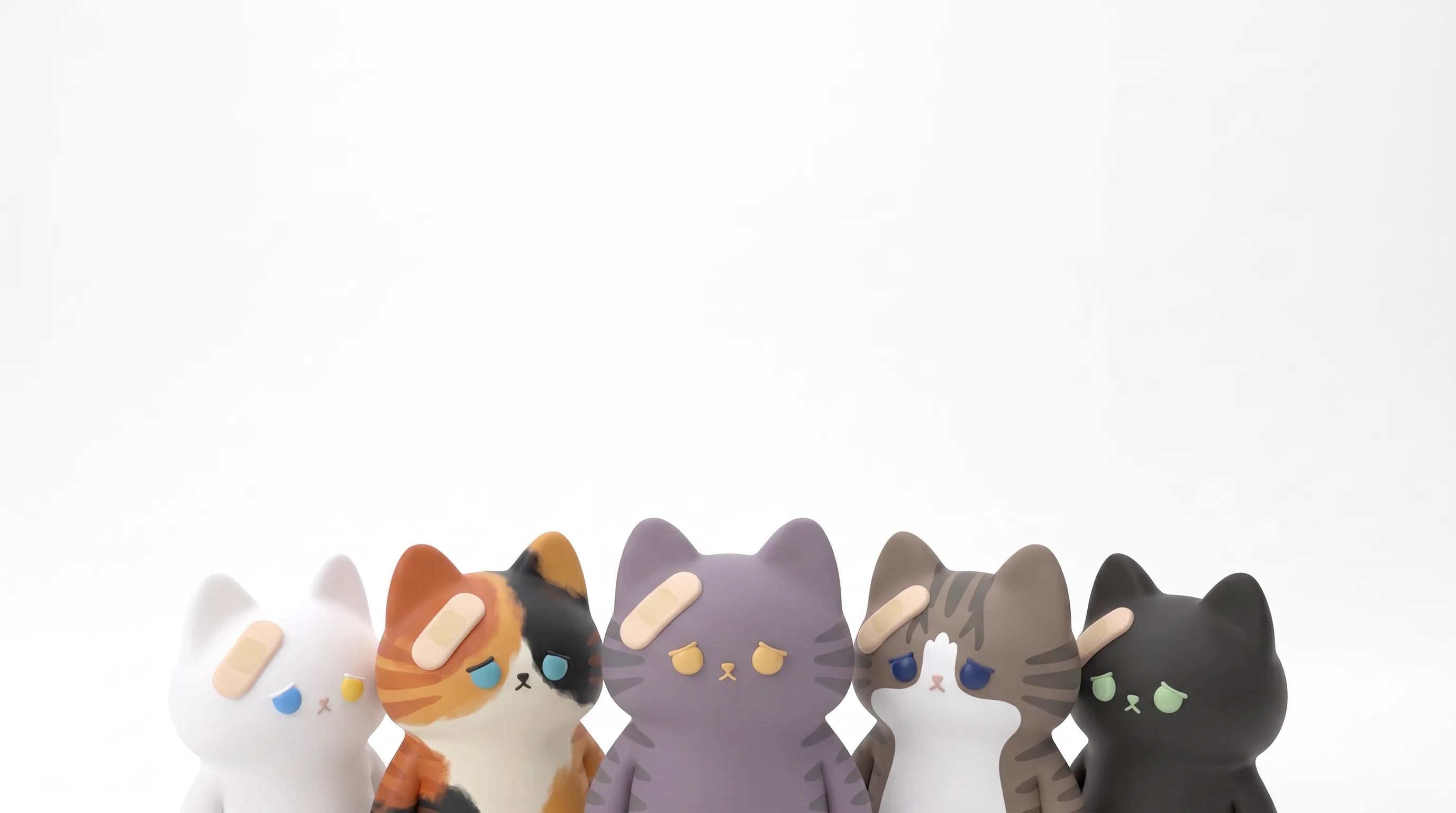 Siro-chan, Mike-chan, Soba-kun, Goma-kun and Sumi-kun peeking up in a row